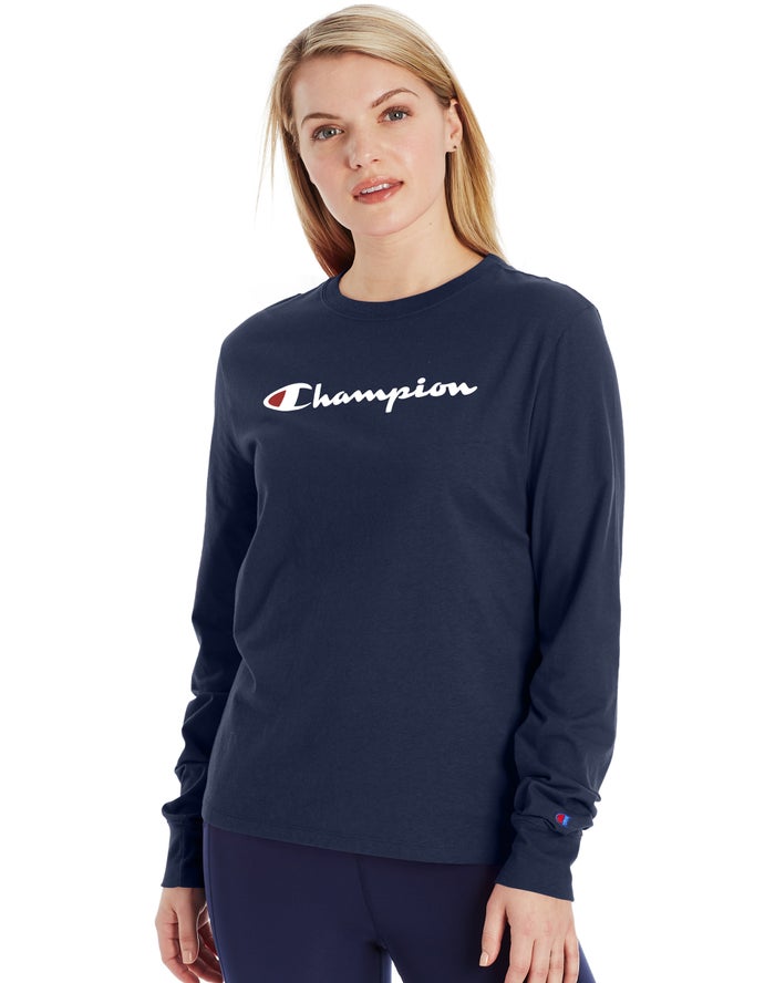 Champion Classic Long-Sleeve Script Logo - Naisten Laivastonsininen T-Paita - Suomi 7038624-AD